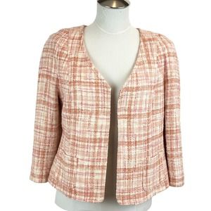 Talbots Pink Tweed 3/4 Sleeve Open Front Blazer Jacket Pink White Size 10P Lined